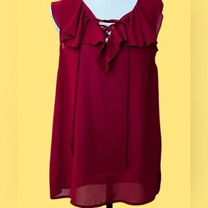 Wine Sleeveless Blouse with Ruffle and Lace up Detail NWOT